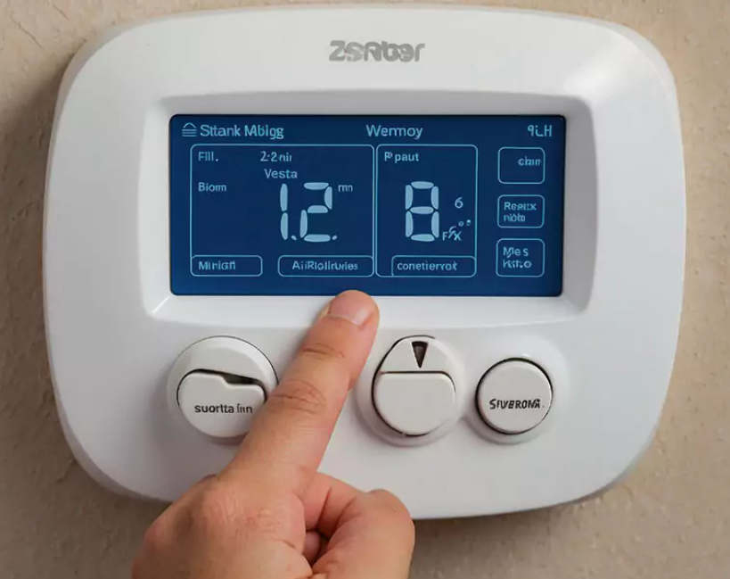 technician inspecting HVAC control panels in an office plant room